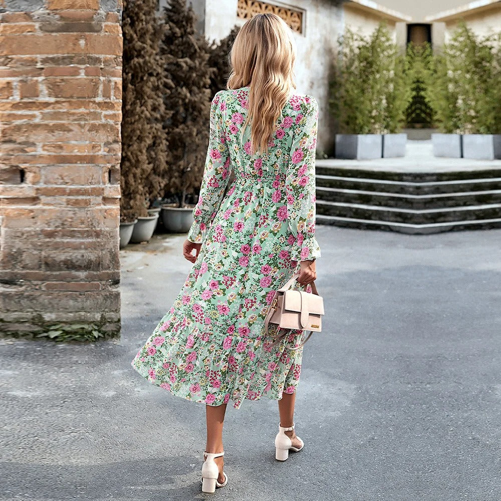 Savannah – V-Neck Floral Lantern Sleeve Dress