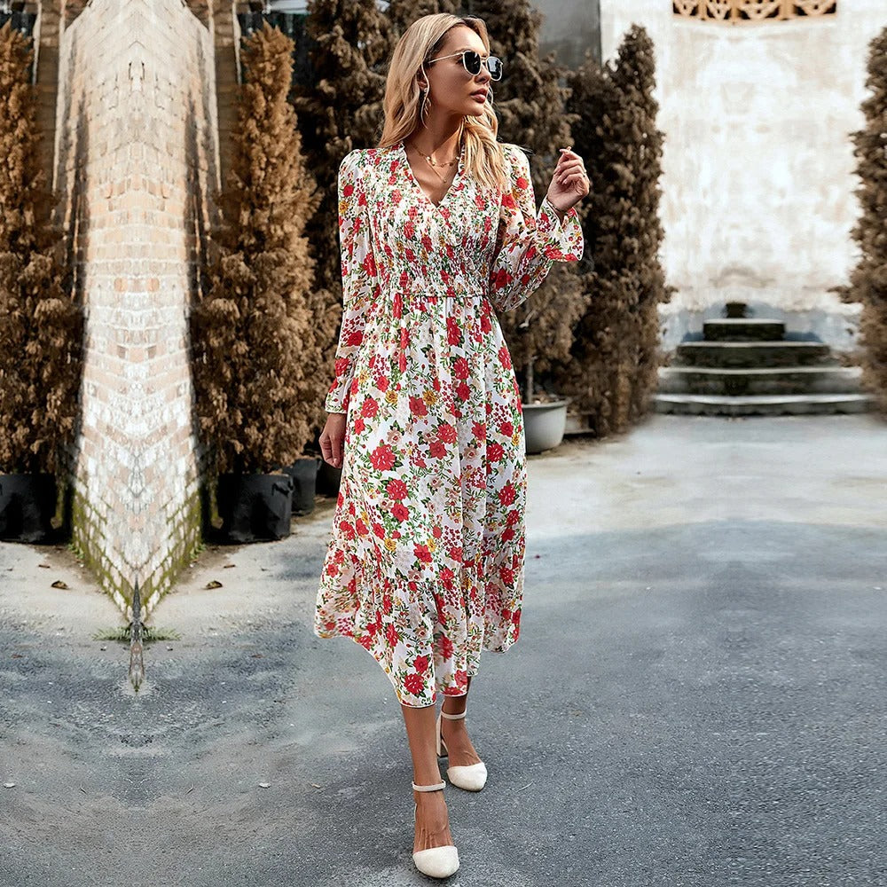 Savannah – V-Neck Floral Lantern Sleeve Dress